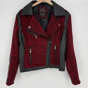 Dollhouse Red & Black Plaid Moto Jacket Faux Leather Trim Zip | Size XL